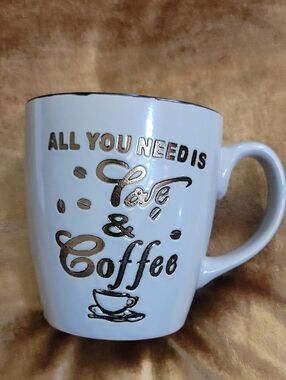 Gray Ceramic Coffee Mug with Gold Script - "All You Need Is Love & Coffee"